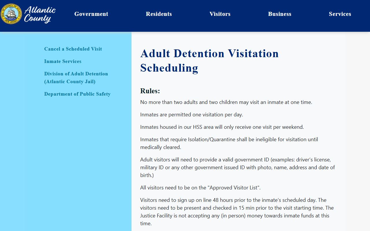 Atlantic County adult detention visitation scheduling page with approved list and 48-hour signup rules