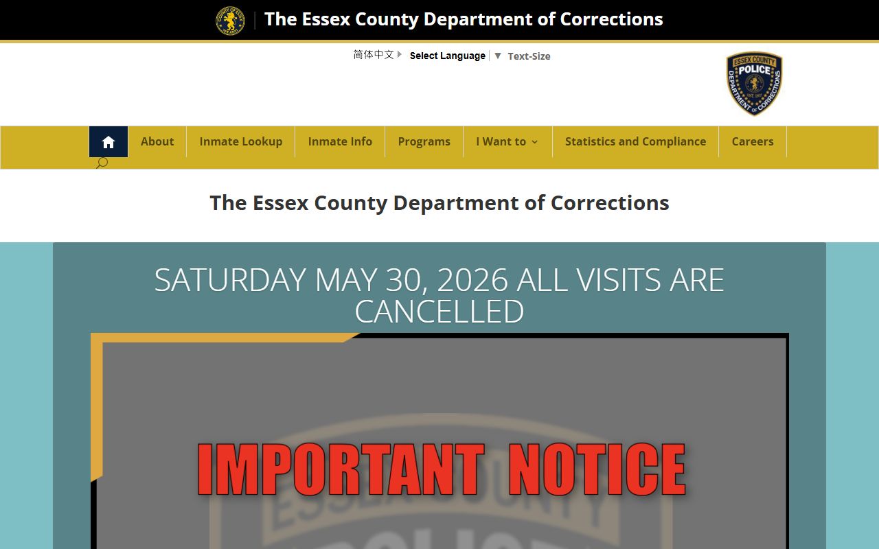 Essex County Department of Corrections homepage with inmate lookup and service links