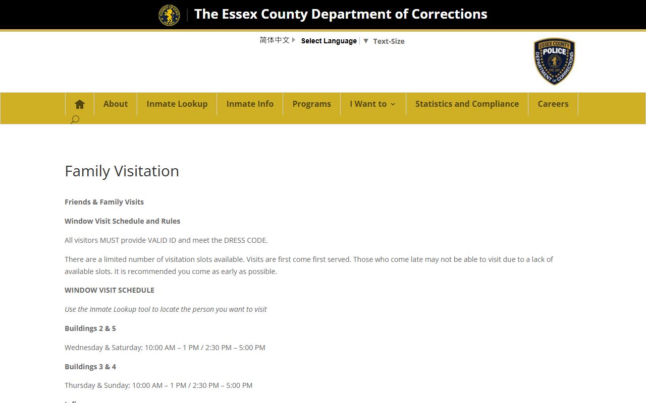 Essex County family visit schedule and visitor rules