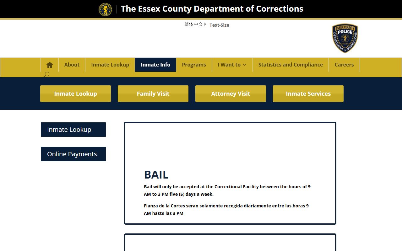 Essex County inmate information page showing funds and mail rules