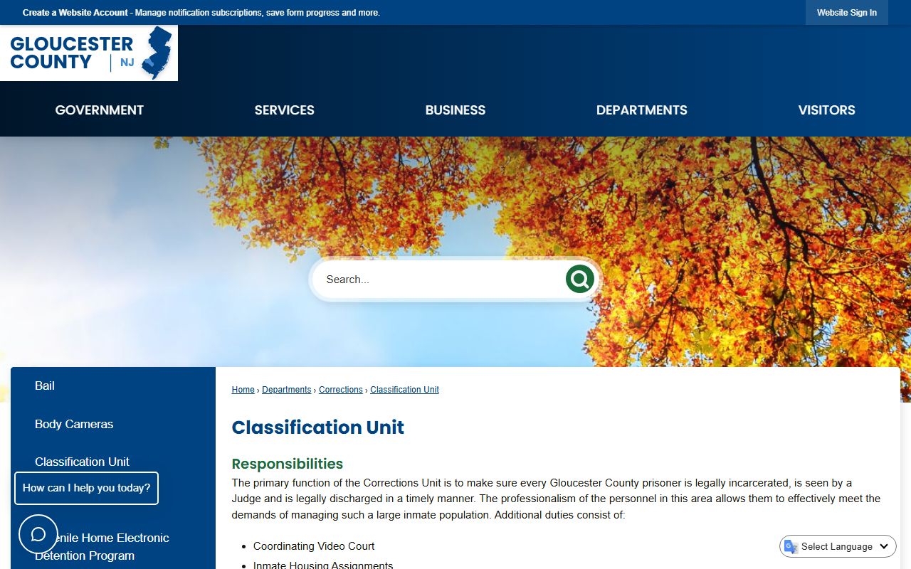 Gloucester County inmate population classification and Salem County Jail admission page