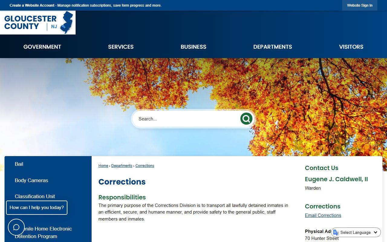 Gloucester County Corrections Division official page with Woodbury contact information