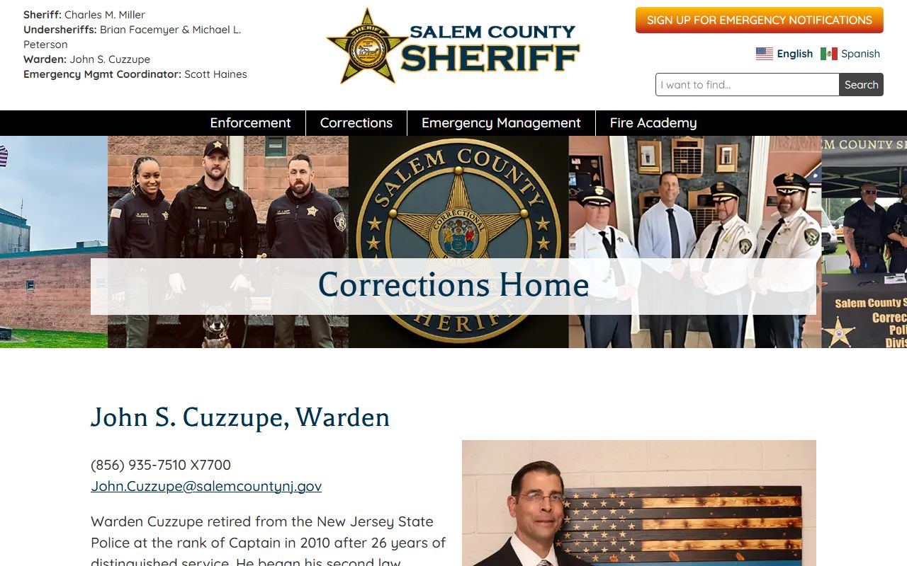 Salem County Corrections official page with facility leadership and corrections links