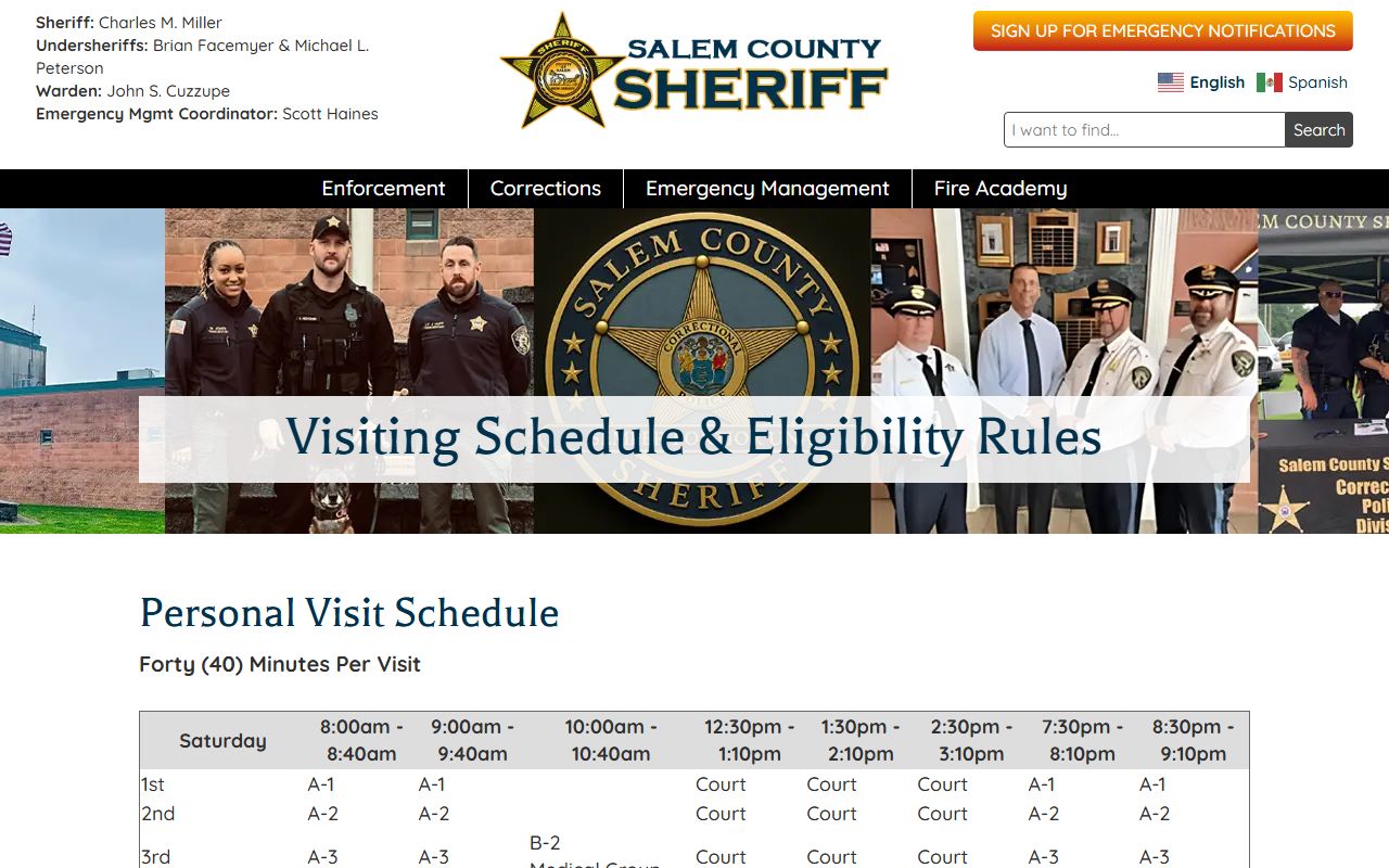 Salem County visiting schedule page with eligibility and appointment rules